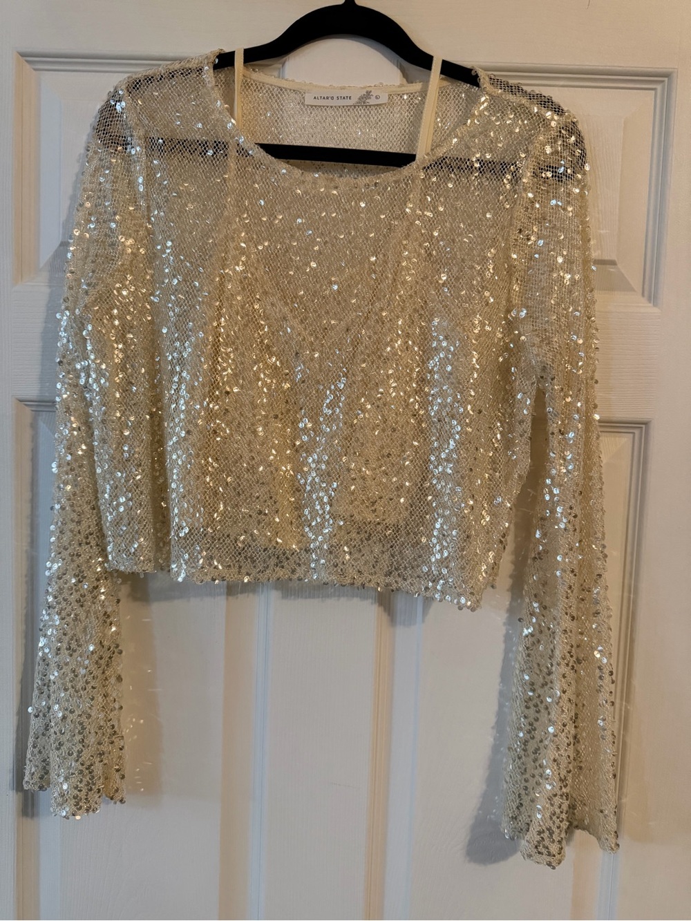 Altar'd State Ivory Sequin Cropped Long-Sleeve Top